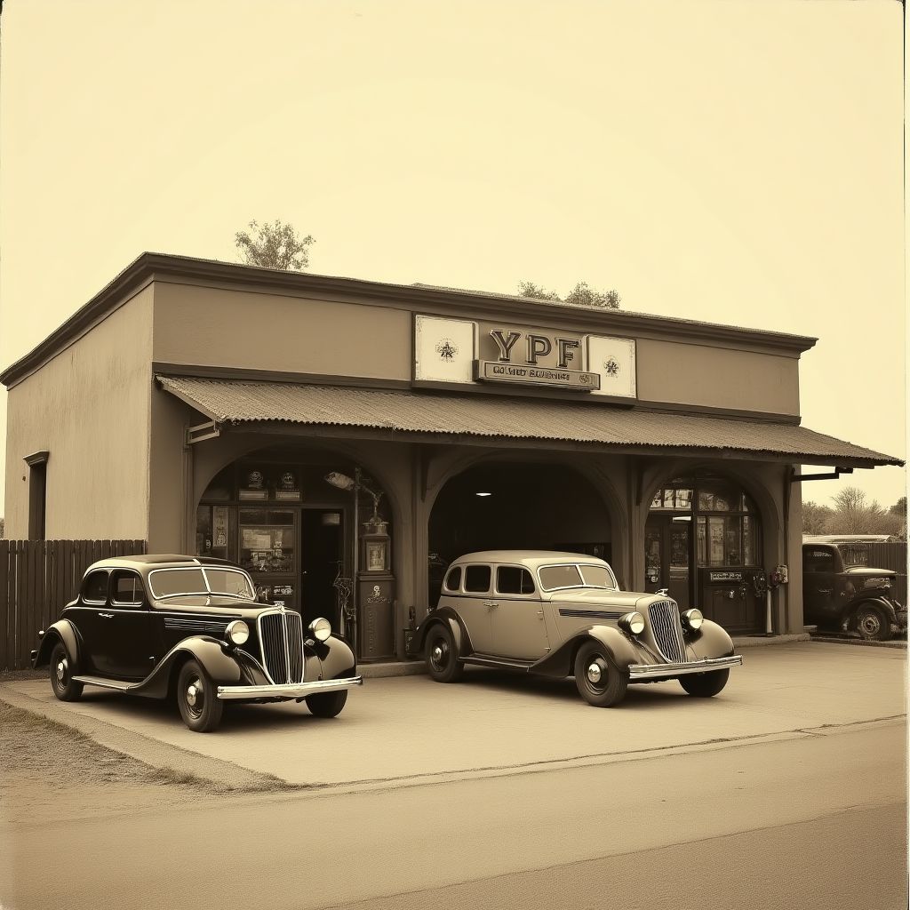 Foto histórica en blanco y negro de una de las primeras estaciones de servicio YPF
